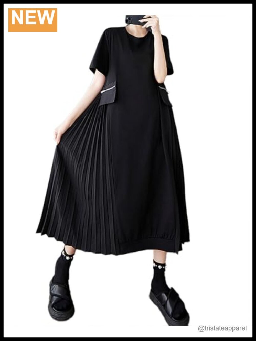 Women's Crewneck Short Sleeve Patchwork Pleated Flowy Hem Dress